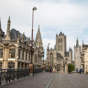 GENT - JUNE 23: Look from Saint Michael s bridge to Nicholas church and town hall on June 23, 2012 in Gent, Belgium.
