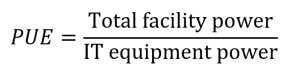 The image illustrates PUE. PUE = Total facility power divided by IT equipment power.