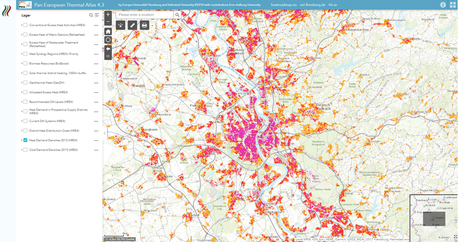 Screengrab from the Pan-European Thermal Atlas, one of the sites in the database. It shows a map with specks of pink, red and orange in different areas.