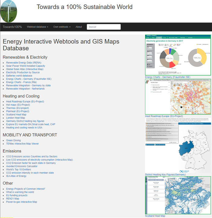 Screengrab of the Energy Interactive Webtools and GIS Maps Database and the list of tools on the website.