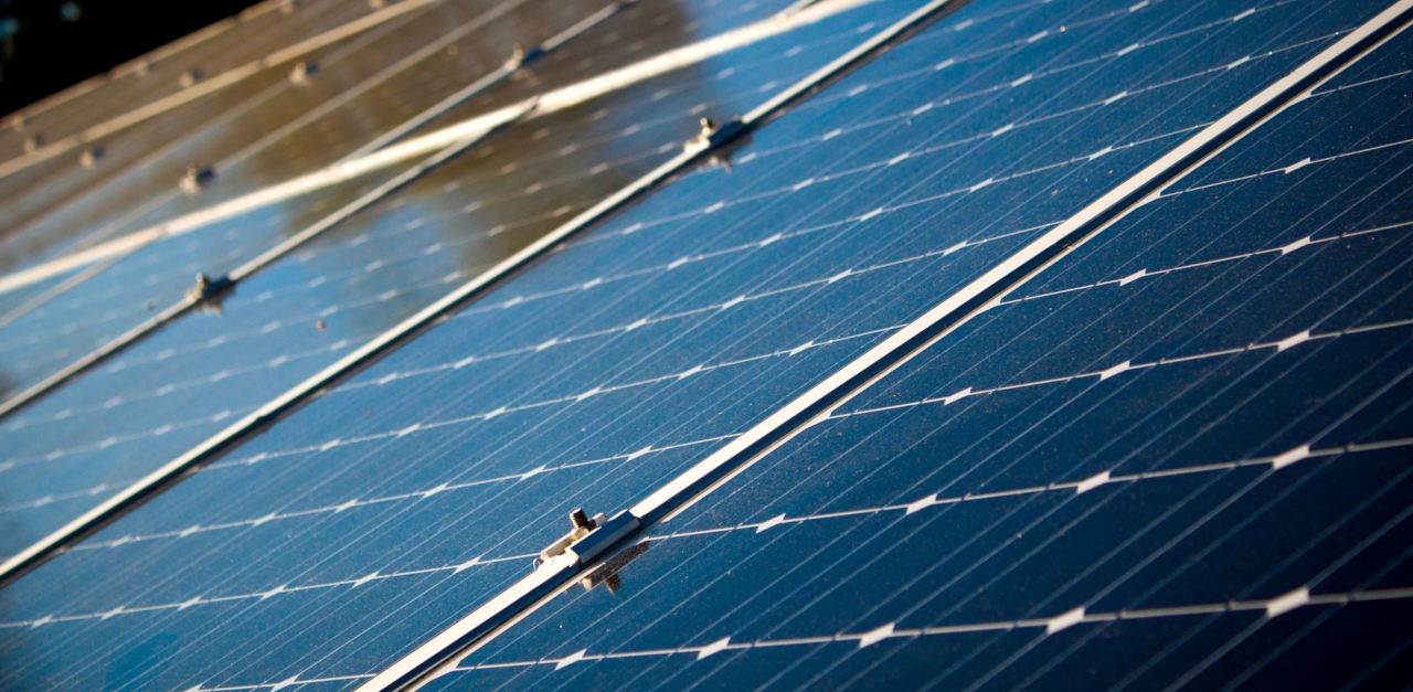 Close up of the surface of several solar panels, with a tree reflected in the surface.